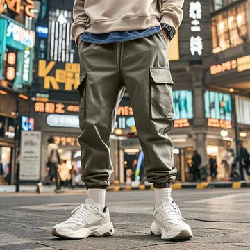 AIDASE  -  Summer Casual Loose Trousers Men Fashion Pure Color Drawstring Patchwork Pants Stylish Mens Multi Pockets Cargo Pants Streetwear aidase-shop